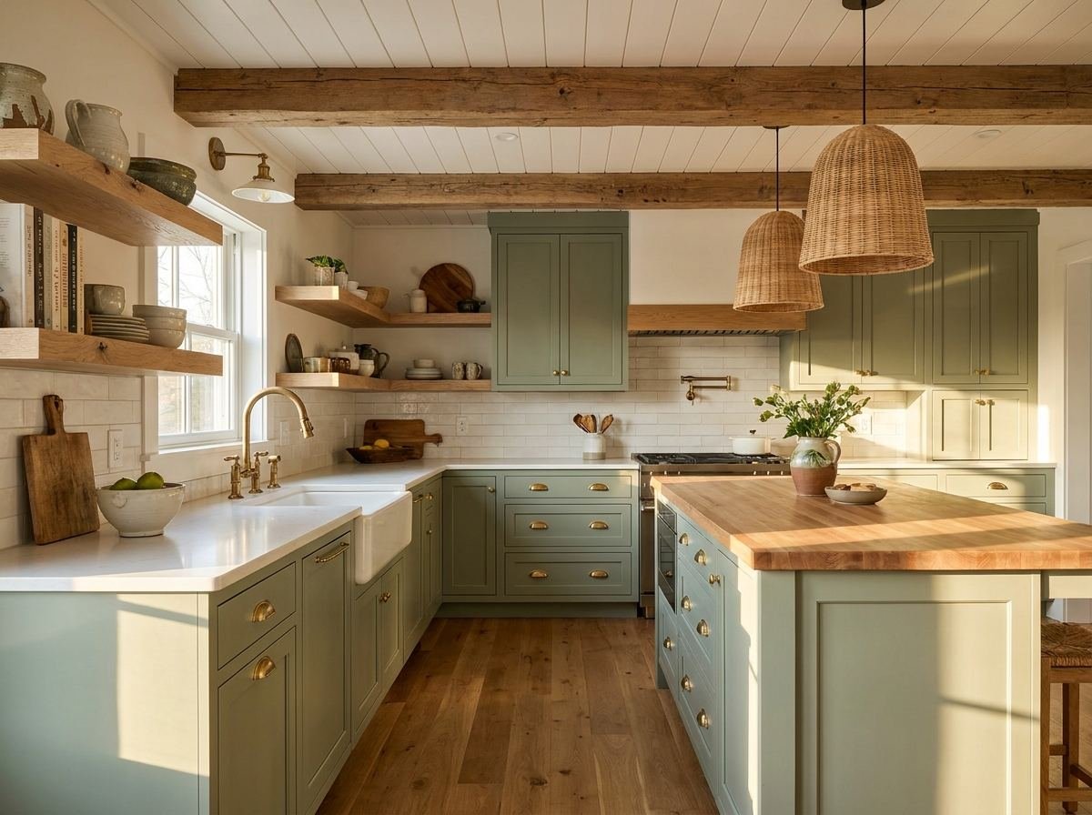Küche mit Holz, offenen Regalen und Insel