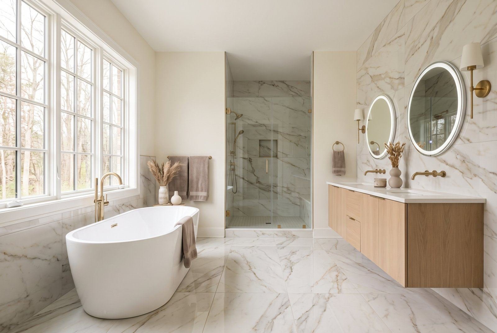 Ruhiges Badezimmer mit Dusche und Wanne