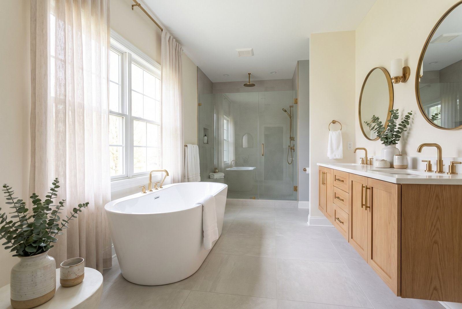 Modernes Bad mit Dusche und Naturtönen