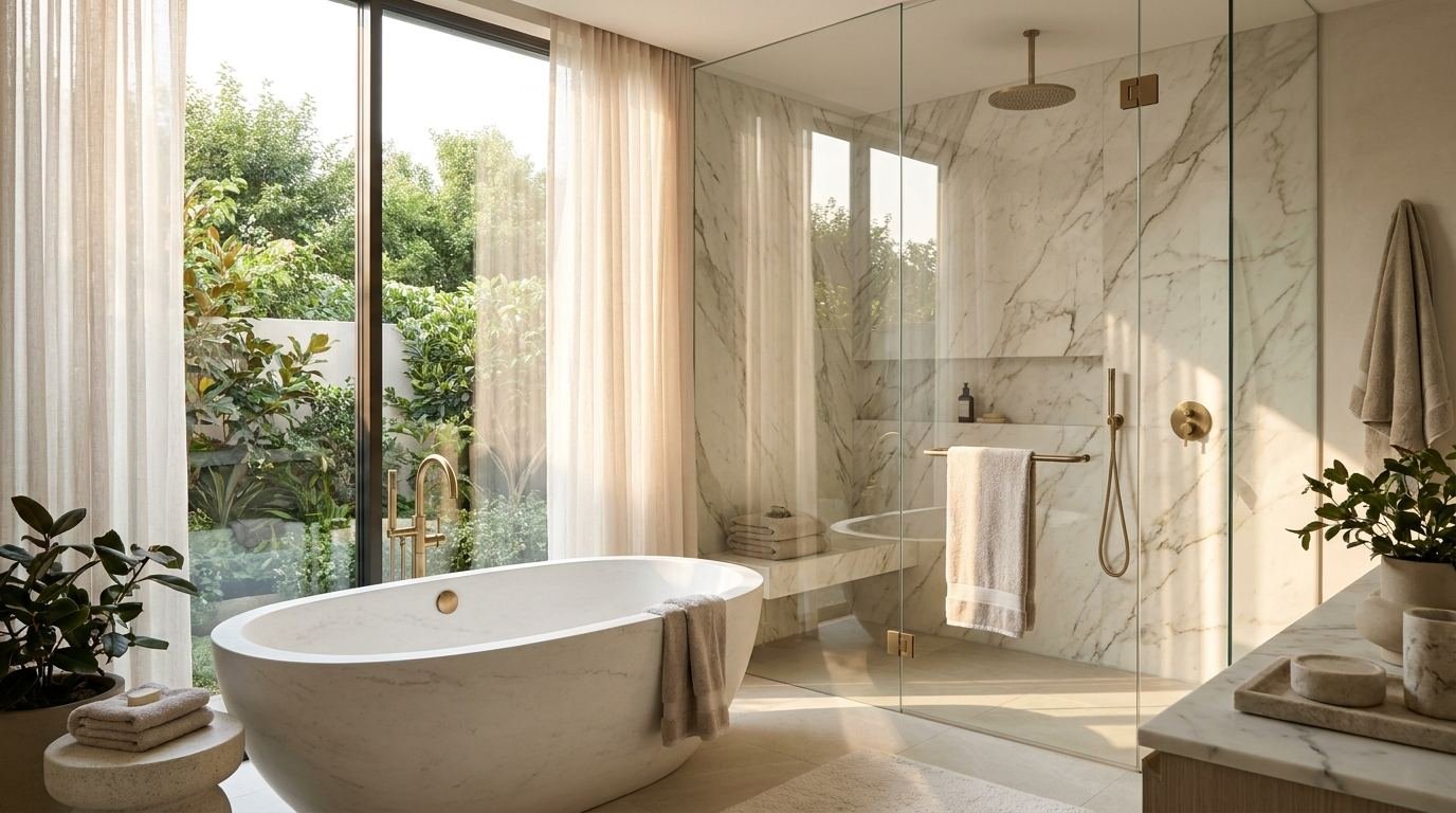 Helles Badezimmer mit Wanne und Dusche