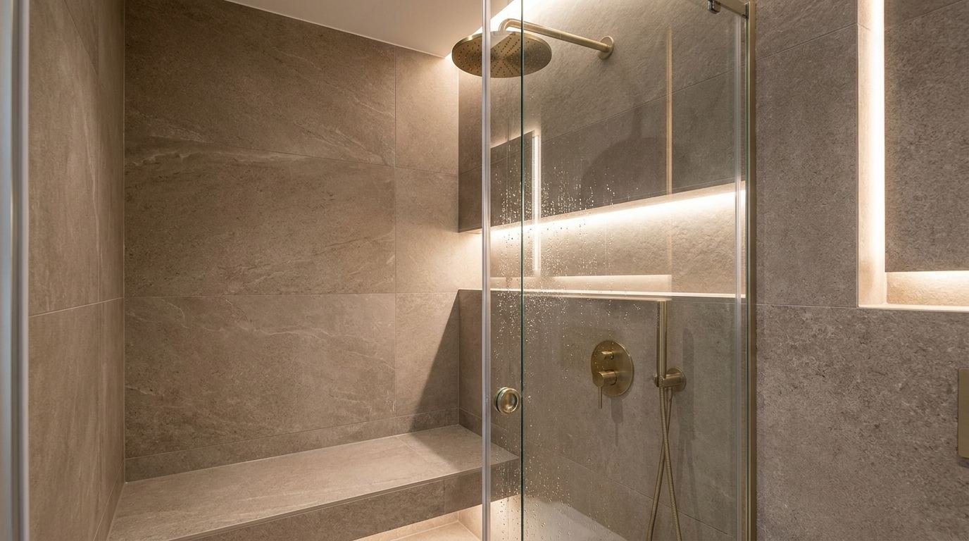 Bodengleiche Dusche mit Sitzbank und warmem Wandlicht